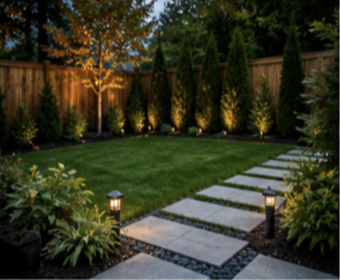 Backyard with uplighting